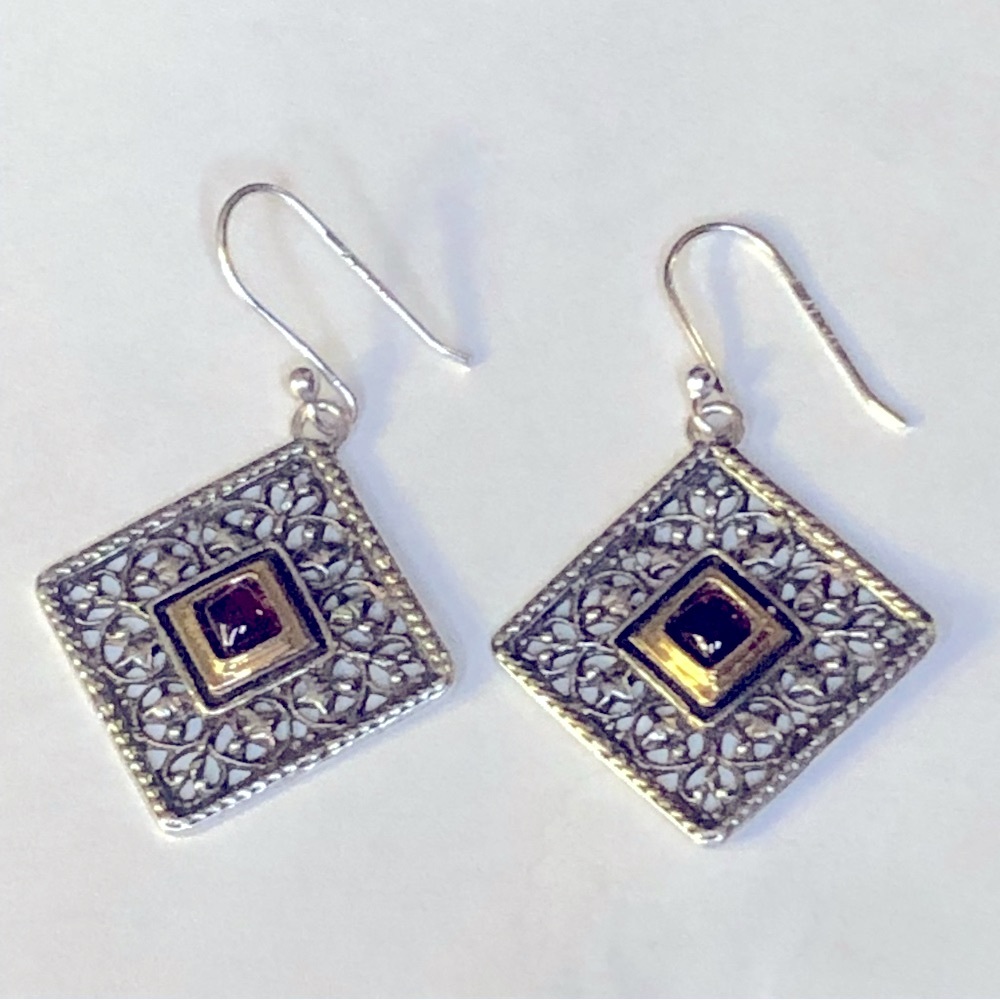 Vintage Sterling Silver 14k Gold Garnet Compose Earrings